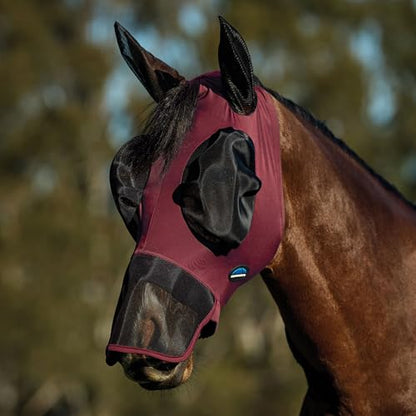 WeatherBeeta ComFiTec Luxe Stretch Fly Mask with Ears & Nose, Burgundy/Black, Medium - color: Burgundy/Black, size: M