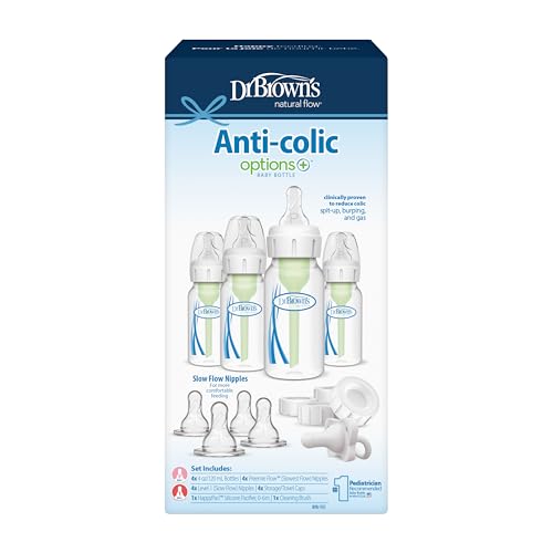 Dr. Brown's Anti-Colic Options+ Narrow Breast to Bottle Pump and Store Feeding Set with Slow Flow Nipples, Baby Bottle Travel Caps and 100% Silicone HappyPaci One-Piece Pacifier - color: Clear, size: 13 Piece Set