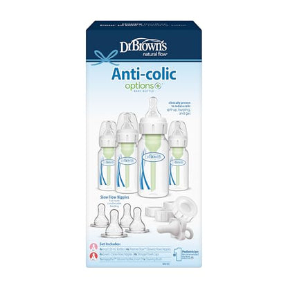 Dr. Brown's Anti-Colic Options+ Narrow Breast to Bottle Pump and Store Feeding Set with Slow Flow Nipples, Baby Bottle Travel Caps and 100% Silicone HappyPaci One-Piece Pacifier - color: Clear, size: 13 Piece Set