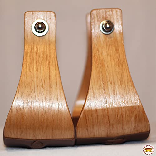 HILASON Oakwood Horse Saddle Stirrups Pair W/Leather Bottom Western | Aluminum Wooden Endurance Angled Padded