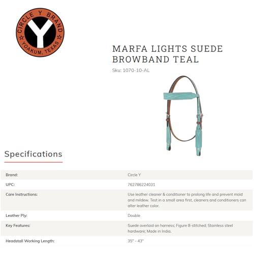 CIRCLE Y Marfa Lights Suede Browband Headstall | Double Ply Western Headstall with Suede Overlay, White Stitching & Stainless Steel Hardware | 35"- 43" Adjustable Fit - color: Teal