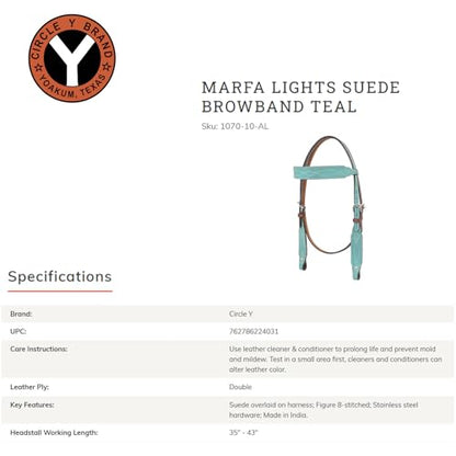 CIRCLE Y Marfa Lights Suede Browband Headstall | Double Ply Western Headstall with Suede Overlay, White Stitching & Stainless Steel Hardware | 35"- 43" Adjustable Fit - color: Teal