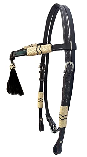 Western Horse Headstall Standard Size – Adjustable Hand Braided Genuine Leather Bridle with Brown Rawhide Knotting Futurity Knot Black Color Hair Tassels, Western Riding Tack, Dark Brown (Full Size) - size: Full