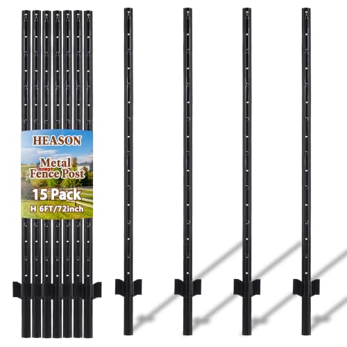 Metal Garden Fence Posts – Heavy Duty Spliced U-Post for Wire Fencing, 6 FT Black | 15 Pack No-Dig Fence Stakes, Double Rustproof Steel Fence Posts for Yard, Garden and Farm - size: 6FT-15PACK