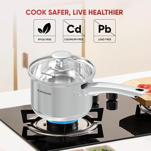 Sunhouse: Stainless Steel Saucepan - Classic: 1.5 Quart - Tempered Glass Lid, 3-Ply Bottom, Round-Edge Cookware Pot, All Cooktop-Oven-Dishwasher Safe