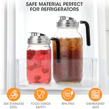 Aieve Stainless Steel Mason Jar Pour Spout Lid, 2 Pack Wide Mouth Mason Jar Pitcher Flip Cap Lids with Handle for Ball Jar Lids (3.38 inch) - size: 2 Pcs Wide Mouth Lids