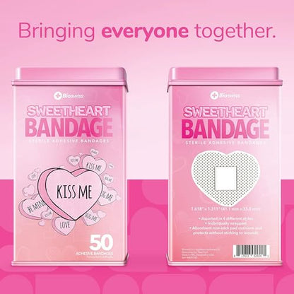 BioSwiss Bandages, Valentine Heart Shaped Self Adhesive Bandage Set, Latex Free, Sterile Wound Care, 50 Count - color: Heart, size: 50-Count Tin