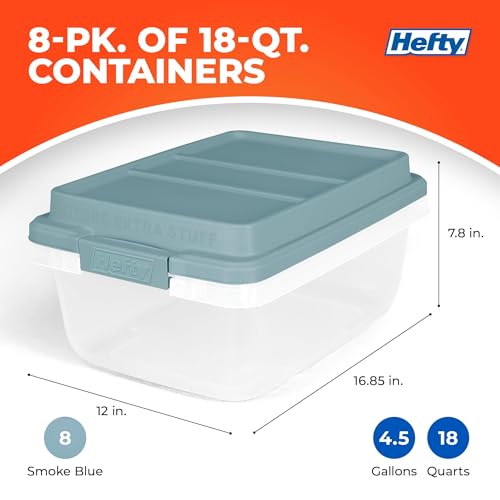 Hefty Hi-Rise Storage Bin with Lid, 18 Quart, Smoke Blue, 8 Pack | Stackable Plastic Container Tote for Home, Office, and Classroom Organization - size: 18 QT - 8 Pack