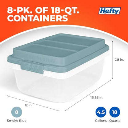 Hefty Hi-Rise Storage Bin with Lid, 18 Quart, Smoke Blue, 8 Pack | Stackable Plastic Container Tote for Home, Office, and Classroom Organization - size: 18 QT - 8 Pack