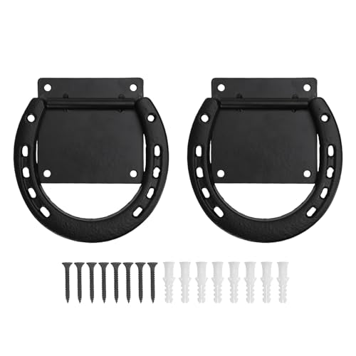 CHICIRIS Horse Hitching Ring Horse Tie Ring Cross Tie Set of 2 Solid Steel Rustic Black Coated with 8 Expansion Screws for Stall Stable Supplies