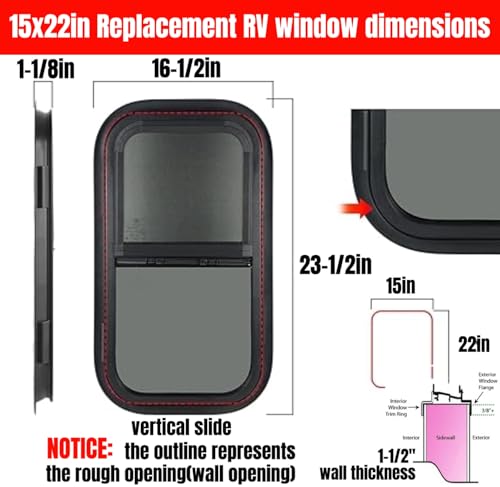 RV MURTS Trailer Window 15"x22", Tempered Glass with Screen & Trim Kit, 1-1/2" Wall Fit for Teardrop Camper, Cargo, Travel Motorhome, Vertical Slide.(Aluminum, Shatterproof, Cold Insulation) - size: RV Window 15x22（1-1/2）