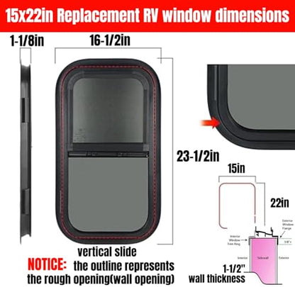 RV MURTS Trailer Window 15"x22", Tempered Glass with Screen & Trim Kit, 1-1/2" Wall Fit for Teardrop Camper, Cargo, Travel Motorhome, Vertical Slide.(Aluminum, Shatterproof, Cold Insulation) - size: RV Window 15x22（1-1/2）