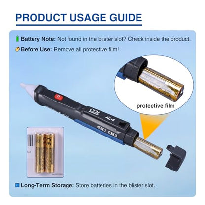Voltage Tester,CEM AC-6 Non-Contact Voltage Detector,Electrical Tester,AC,LCD Display in Percentage,Buzzer Alarm,Live Wire Tester,Wire Breakpoint Finder - Black-Built-in/External Battery (Random)