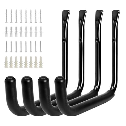 KURUI 10" Garage Organization Wall Hooks, 66 LB Heavy Duty Water Hose Holder for Hanging Ladder Extension Cord Garden Tool Cable, 4 Pcs, Black - size: 10''-4pcs