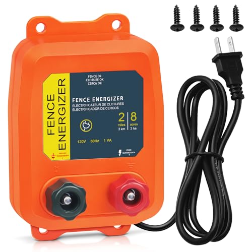 Electric Fence Energizer, 2-Mile/ 8 Acres Plug in Electric Fence Charger, Livestock Fence Charger for Dogs, Raccoons, Livestock, Squirrels, Chicken Coops, Skunks intruding, 0.1 Joule - color: Orange