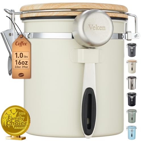 Veken Coffee Canister, Airtight Stainless Steel Food Storage Container,16OZ - color: Cream, size: 16 oz