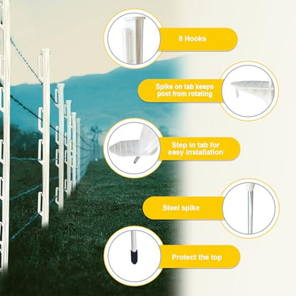 20 Pack 48inch Step-in Electric Fence Posts with Clips for Farm(White) - color: White