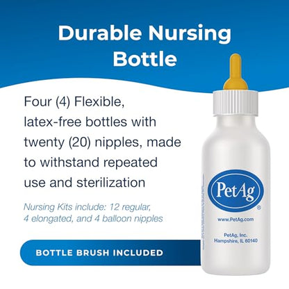 Pet-Ag Nursing Kit - 2 oz, Pack of 4 - Promotes The Natural Feeding of Liquids to Baby Animals - Each Kit Includes 2 oz. Bottle with Cap, 5 Nipples & Cleaning Brush