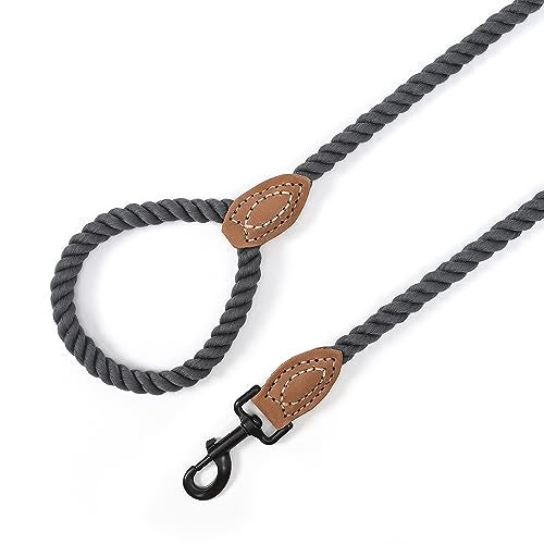 Mile High Life Dog Leash Braided Cotton Rope with Leather-Reinforced Ends - color: Dark Grey, size: 60 Inch-1/2"