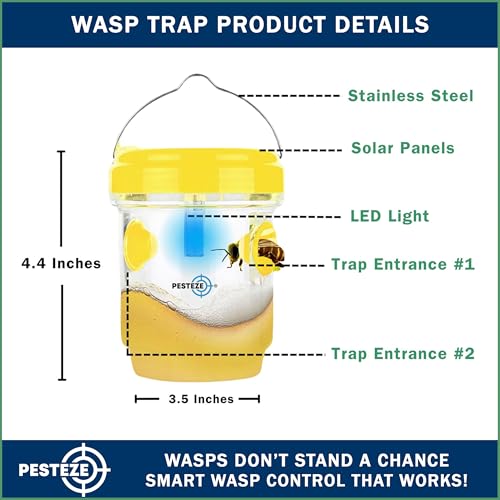 PESTEZE USA 2 Pack Reusable Solar Hanging Wasp Trap with LED Light [Yellow, 3.5×4.4 in] Attracts & Kills Wasps, Hornets, Yellow Jackets & Flying Insects Safely, Chemical-Free, Waterproof Outdoor Trap