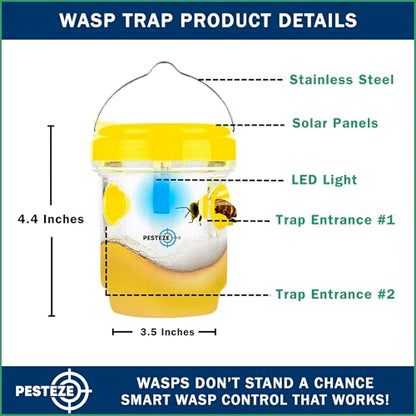 PESTEZE USA 2 Pack Reusable Solar Hanging Wasp Trap with LED Light [Yellow, 3.5×4.4 in] Attracts & Kills Wasps, Hornets, Yellow Jackets & Flying Insects Safely, Chemical-Free, Waterproof Outdoor Trap