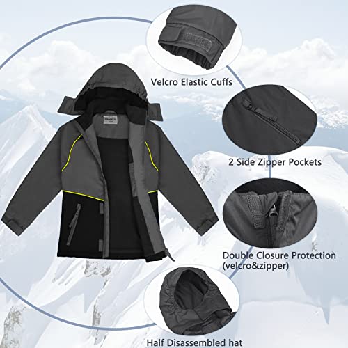 YINGJIELIDE Boy's Waterproof Outwear Snow Jacket,Hooded Fleece Lined Warm Winter Caot,Windproof Rain Jacket - color: Grey, size: 11-12 Years
