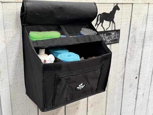 Stall Front Organizer Bag, Black, Multi-Compartment Storage, Horse Grooming Supply Holder with Top Loading Design