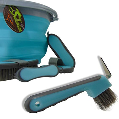 Collapsible Grooming Kit 10 Liter Bucket and 5 Grooming Tools - By Southwestern Equine - Turquoise - color: Turquoise