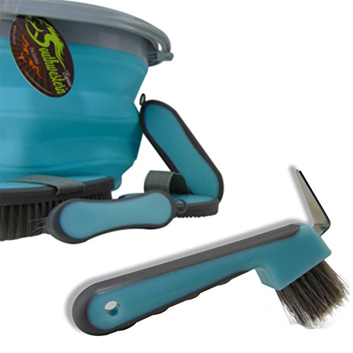 Collapsible Grooming Kit 10 Liter Bucket and 5 Grooming Tools - By Southwestern Equine - Turquoise - color: Turquoise