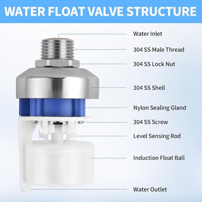 2Pcs Aquapulse Water Float Valve, Stainless Steel 1/2inch to 3/4inch Automatic Water Shut Off Float Valves for Garden Hose, Stock Tank, Water Tanks, Livestock Troughs, Pool, Water Trough
