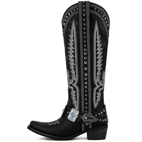 Yolkomo Cowboy Boots for Women Knee High Western Cowgirl Boots with Embroidery Belt Buckle Chains - color: Black, size: 5