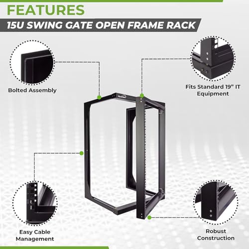 NavePoint 15U Open Frame Server Rack for 19" IT Network Equipment & A/V Devices, Free Standing or Wall Mount Rack with 180 Degrees Gate Swing, Black - size: 15U - 18in Deep