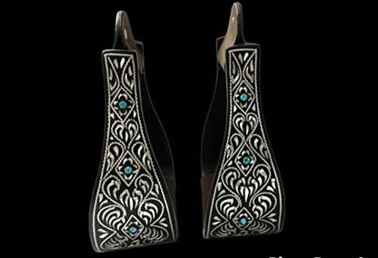 Majestic Ally Western Horse Aluminum Black Engraved Stirrups- Adults - style: Silver Black with Crystal