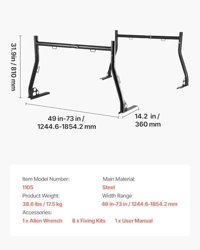 VEVOR Truck Ladder Rack, 49-73 in Width, Extendable Universal Cargo Rack, Heavy Duty Steel with 800 lbs Static Load Capacity, Ideal for Canoes, Surfboards, Ladders, Lumber, Tents, and Large Cargo - style: Drilling