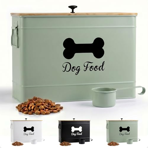 Metal Dog Food Container 15-20 lbs w/ Airtight Bamboo Lid, 70 Cup Capacity - color: Sage Green