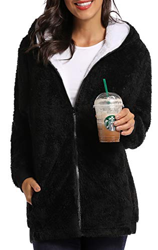 Fleece Coat for Women,Women's Oversized Zip Up Hooded Jacket Winter Plus Size Sherpa Coat - color: Ablack, size: Medium