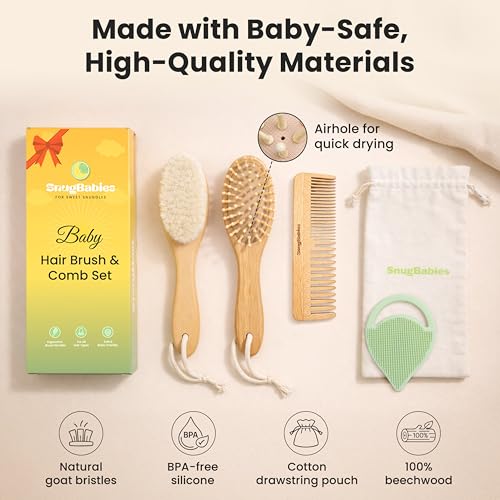 Baby Hair Brush & Comb Set for Newborns - Gentle Goat-Hair & Bamboo Bristle Hairbrushes with Easy Grip Wooden Handles - 5-Pack Baby Brush Set with a Cotton Travel Pouch - Gifts for Boys & Girls - size: Premium Set (5-Piece)