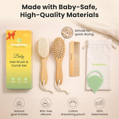 Baby Hair Brush & Comb Set for Newborns - Gentle Goat-Hair & Bamboo Bristle Hairbrushes with Easy Grip Wooden Handles - 5-Pack Baby Brush Set with a Cotton Travel Pouch - Gifts for Boys & Girls - size: Premium Set (5-Piece)