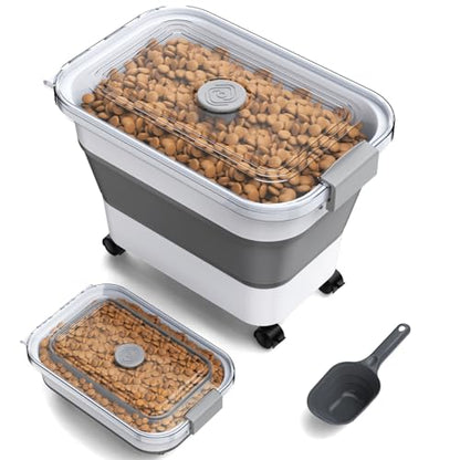 Dog Food Storage Container, 15-23 Lbs Collapsible Dog Food Container with Transparent Airtight Lid, Wheels and Scoop, Travel Pet Food Storage Container for Cat, Dog and Bird, Keep Dry Food Fresh - color: Grey