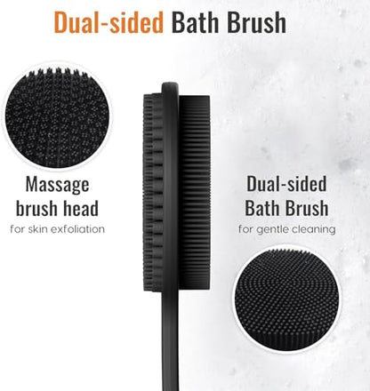 Silicone Back Scrubber for Shower, 17in Lengthen Long Handle Body Brush, Double Sided Shower Brush for Shower Exfoliating and Massage Can Produce Rich Foam, Long Handle Back Scrubber for Men - color: Black+gray
