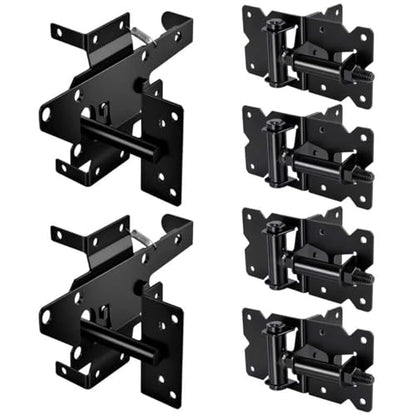 Self Closing Gate Hinge and Latch Kit for Wooden/Vinyl Fence Gate | Heavy Duty Rust Proof Gate Hardware Kit,4 Adjustable Self Closing Hinges & 2 Post Mount Self Locking Gate Latch (Black)