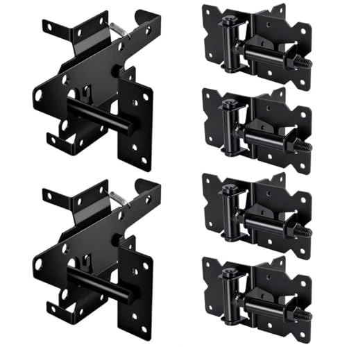 Self Closing Gate Hinge and Latch Kit for Wooden/Vinyl Fence Gate | Heavy Duty Rust Proof Gate Hardware Kit,4 Adjustable Self Closing Hinges & 2 Post Mount Self Locking Gate Latch (Black)