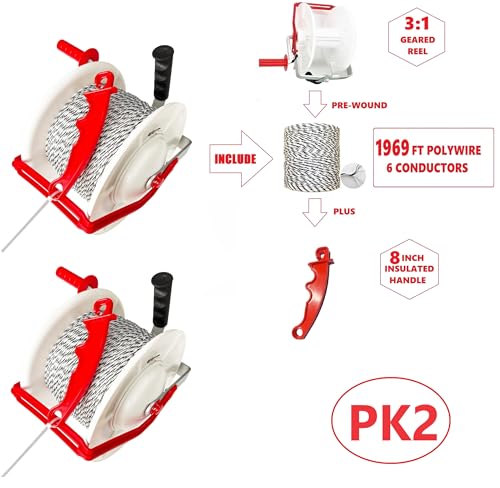 2 Pack 3:1 Geared Electric Fencing Standard Reel with 1969ft Premium Polywire 6 Conductors Plus 2 Free 8 inch Insulgrip - size: 6 conductors x 1969 feet x 2 standard reel