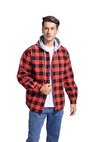 Men's Cotton Plaid Shirt Jacket Fleece Flannel Sherpa Button Down - color: Red Black, size: Large
