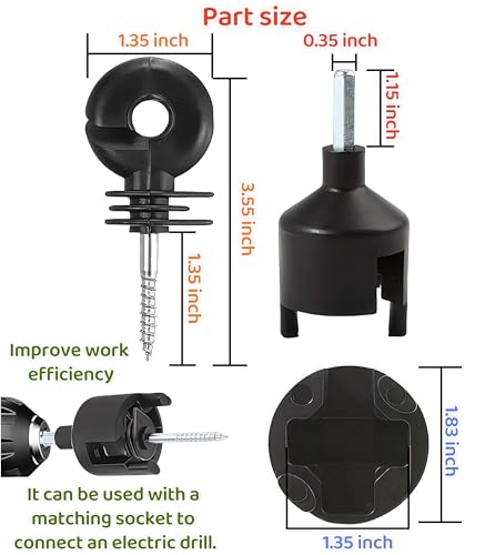 100 Pcs Black Electric Fence Insulator for Animal Husbandry Electronic | Screw-in Ring Design,1 Pcs Free Insulator Socket Tool, for Grid System Accessories Farm Livestock Wood Post Fencing
