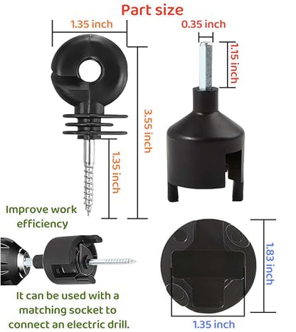 100 Pcs Black Electric Fence Insulator for Animal Husbandry Electronic | Screw-in Ring Design,1 Pcs Free Insulator Socket Tool, for Grid System Accessories Farm Livestock Wood Post Fencing