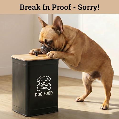 Metal Dog Food Container 5-7lb, 25 Cup w/ Airtight Bamboo Lid, Metal Handle - color: Black: Dog Face