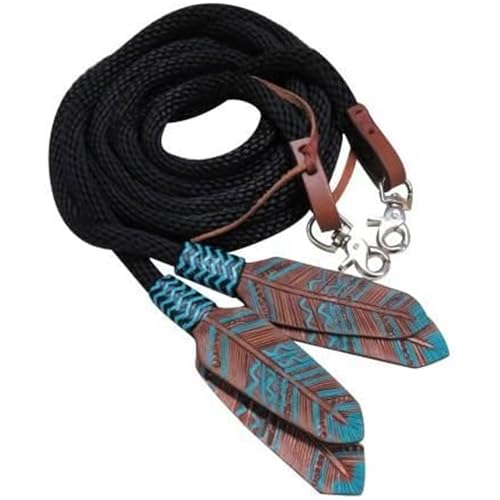 Showman 8' Round Braided Nylon Split Reins w/Teal Painted Feather Poppers
