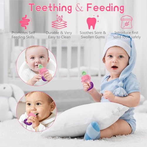 Baby Fruit Feeder Pacifier | Infant Food Feeder Pacifier & Food Dispensing Spoon | Mesh Fresh Fruit Teethers for Babies | Silicone Feeder Baby Shower Gifts for Boys and Girls (Pink) - color: 02-Pink