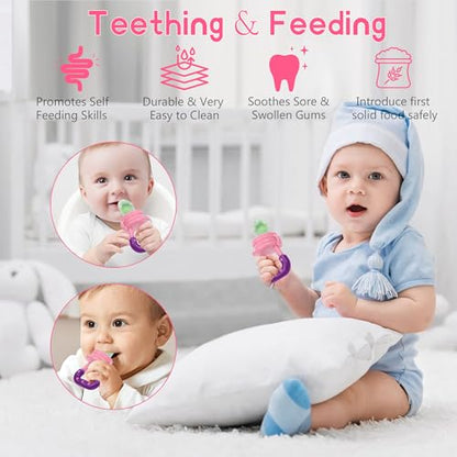 Baby Fruit Feeder Pacifier | Infant Food Feeder Pacifier & Food Dispensing Spoon | Mesh Fresh Fruit Teethers for Babies | Silicone Feeder Baby Shower Gifts for Boys and Girls (Pink) - color: 02-Pink